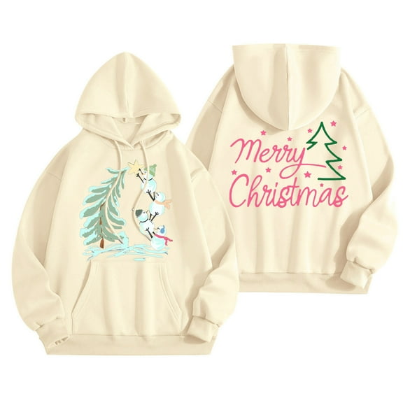 Christmas Sweatshirts for Women Merry Christmas Funny Graphic Casual Long Sleeve Pullover Xmas T Shirt Tops Women Hoodies Beige XL