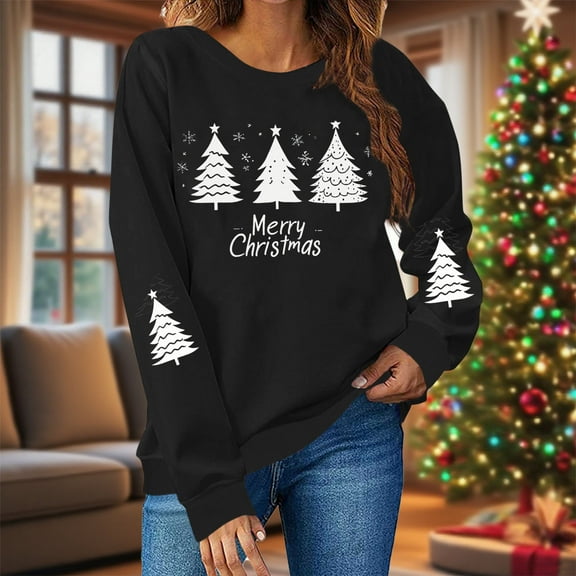Christmas Sweatshirts for Women Merry Christmas Graphic Print Long Sleeve Casual Crewneck Pullover Tops Holiday Party Wear Xmas Tops