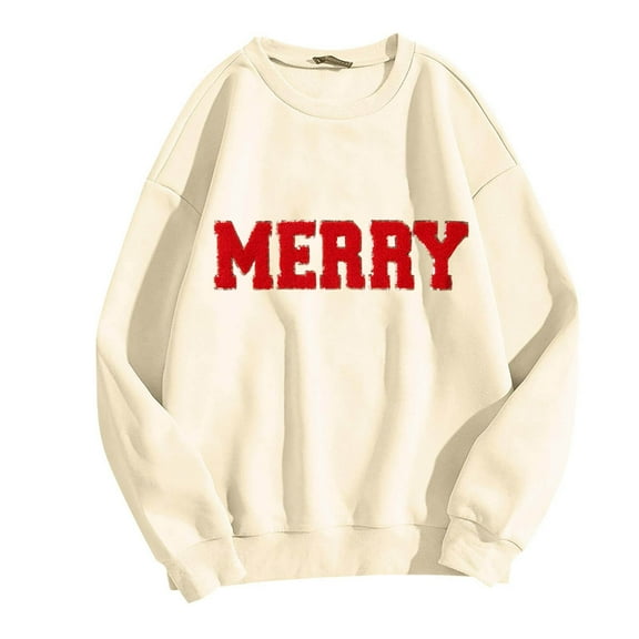 Christmas Sweatshirts for Women Oversized Long Sleeve Crewneck Merry Print Pullover Sweatshirt Cute Winter Loose Casual Women Sweatshirt Beige S