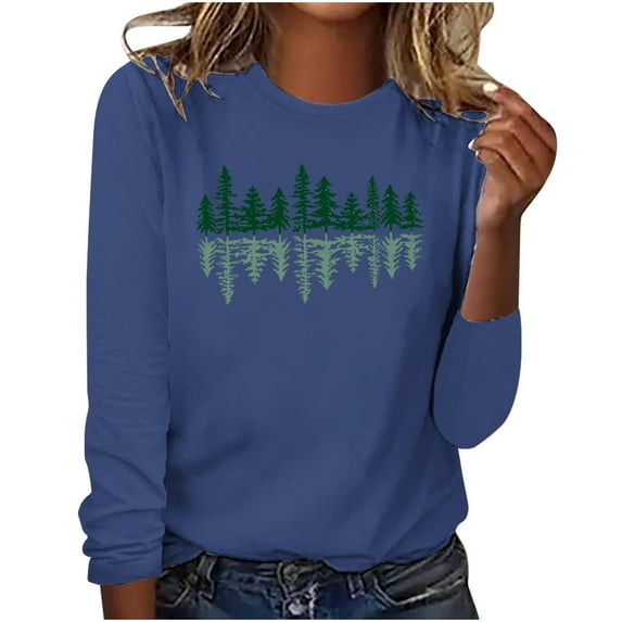 Christmas Sweatshirts for Women Plus Size Crew Neck Pullover Tops Casual Loose Cute Graphic Long Sleeve Shirt (Blue S)