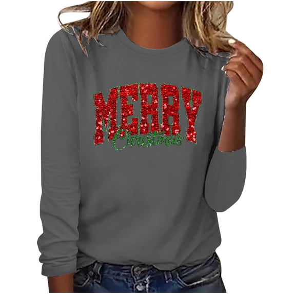 Christmas Sweatshirts for Women Plus Size Crew Neck Pullover Tops Casual Loose Cute Graphic Long Sleeve Shirt (Gray S)