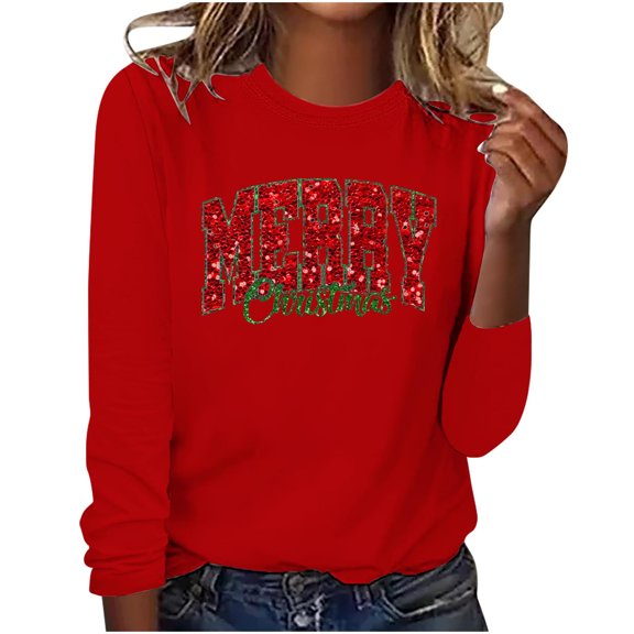 Christmas Sweatshirts for Women Plus Size Crew Neck Pullover Tops Casual Loose Cute Graphic Long Sleeve Shirt (Red XL)
