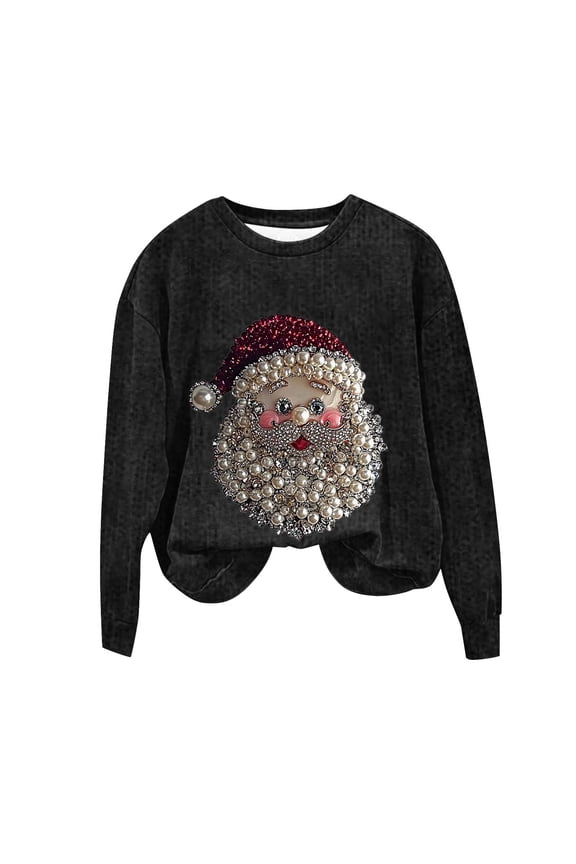 Christmas Sweatshirts for Women Retro Pearl Santa Claus 3D Graphic Long Sleeve Sweater Shirt Xmas Holiday Pullover Tops