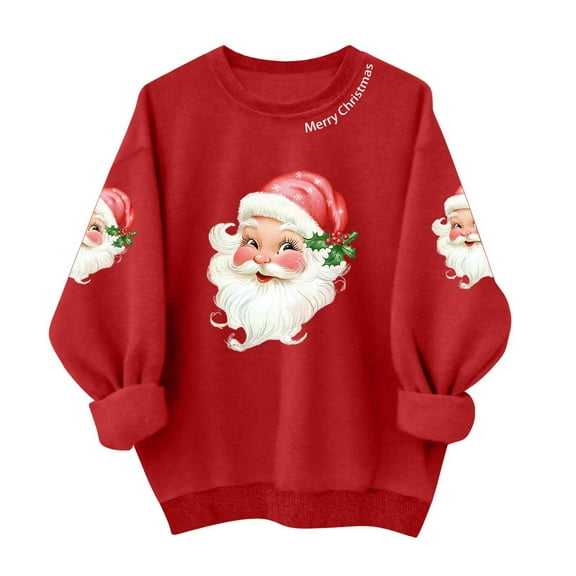 Christmas Sweatshirts for Women Santa Claus Print Sweater Tops Polar Soft Fleece Thermal Blouses Crew Neck Blouse Lounge Warm Christmas Clothes