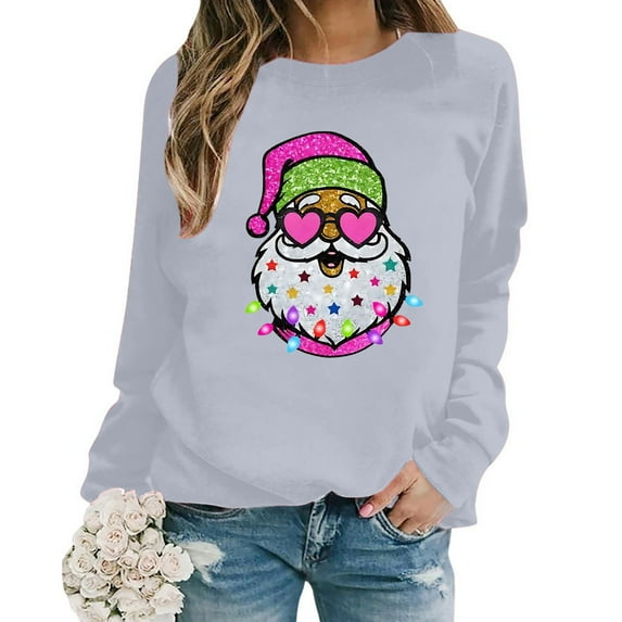 Christmas Sweatshirts for Women Santa Rhinestone Decorated Printed Long Sleeve Crew Neck Hoodie Pullovers