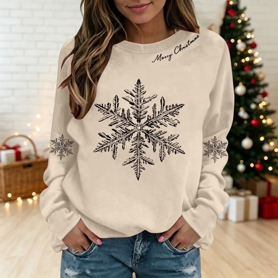 Christmas Sweatshirts for Women Snowflake Crewneck Long Sleeve Pullover Sweatshirts Holiday Festive Loose Fit Casual Sweatshirts, 2XL