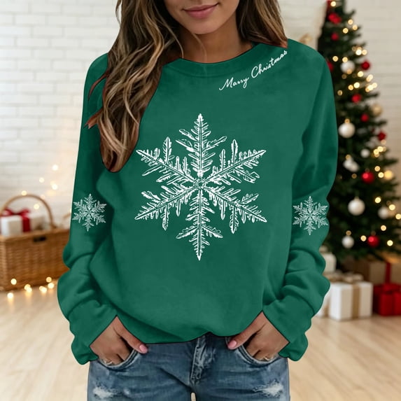 Christmas Sweatshirts for Women Snowflake Crewneck Long Sleeve Pullover Sweatshirts Holiday Festive Loose Fit Casual Sweatshirts, M