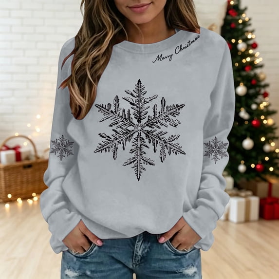 Christmas Sweatshirts for Women Snowflake Crewneck Long Sleeve Pullover Sweatshirts Holiday Festive Loose Fit Casual Sweatshirts, XL