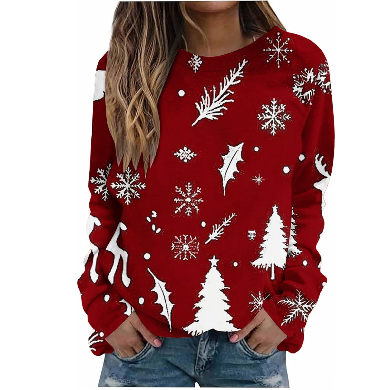 Christmas Sweatshirts for Women Snowflake Reindeer Xmas Tree Graphic ...