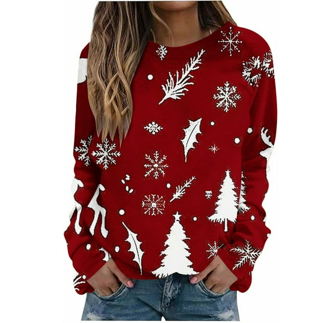 Christmas Sweatshirts for Women Snowflake Reindeer Xmas Tree Graphic