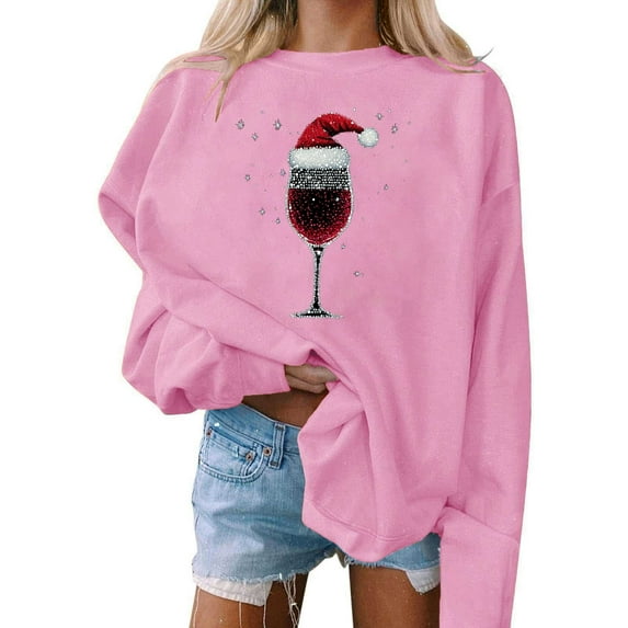 Christmas Sweatshirts for Women Solid Color Santa Printed Long Sleeve Crewneck Loose Shirts Pink XS