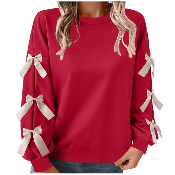 Christmas Sweatshirts for Women Sweet Style Round Neck Bow Red Holiday Top Red XL