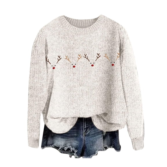 Christmas Sweatshirts for Women Trendy Cute Xmas Reindeer Print Crewneck Knit Tops Long Sleeve Holiday Casual Pullover Blouses