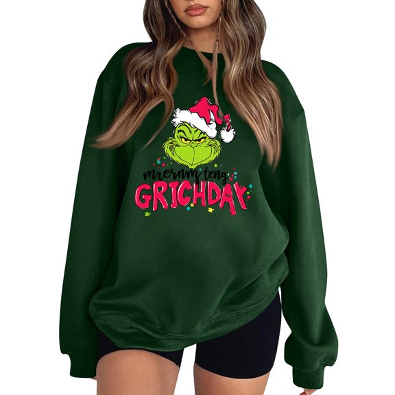 Christmas Sweatshirts for Women Ugly Christmas Sweater Printed Long Sleeve Graphic Holiday Pullover Dark Green XXL