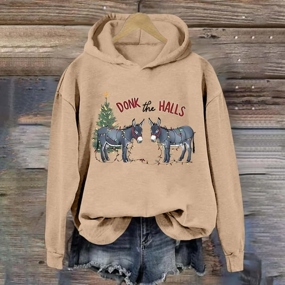 Christmas Sweatshirts for Women Women'S Long Sleeve Christmas Animal Printed Loose Hooded Tops Pullover Blouse Womens Hoodie Khaki S