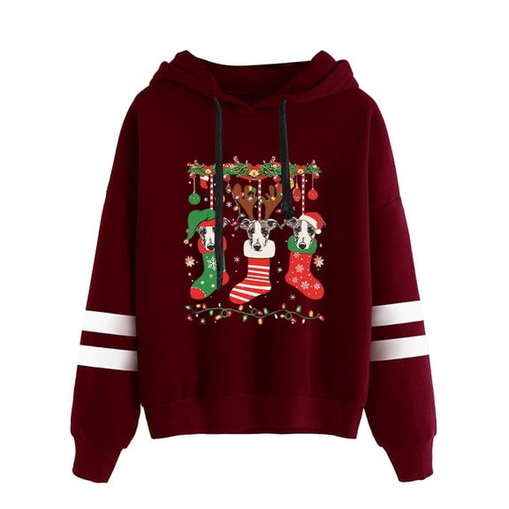 Christmas Sweatshirts for Women Women'S Super Cute Christmas Deer Horn Dog Casual Temperament Loose Long Sleeve Sweater Hoodies for Women Wine L