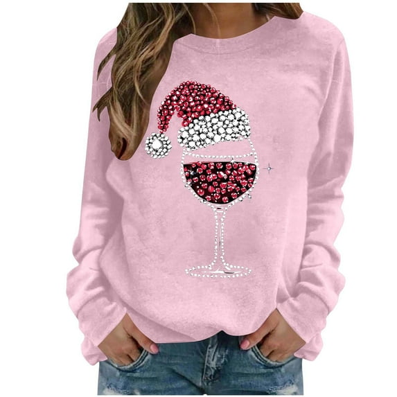 Christmas Sweatshirts for Women Xmas Red Wine Glass Shirts Cute Crew Neck Sweatshirts Long Sleeve Xmas Shirts Holiday Outfits for Women 2025