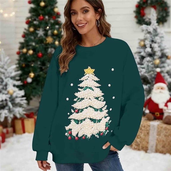 Christmas Sweatshirts for Women - Xmas Santa Sweatshirt Funny Long Sleeve Hoodies Crewneck Pullover Tops Funny Holiday Clothes Fall Winter Outfits