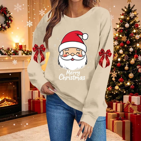 Christmas Sweatshirts for Womens Long Sleeve Crew Neck Christmas Print Sweatshirt Holiday Long Sleeve Pullover Tops