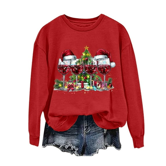 Christmas Sweatshrits For Women Crew Neck Cute Xmas Graphic Print Pullover Casual Loose Holiday Festival Tops (S, Red)