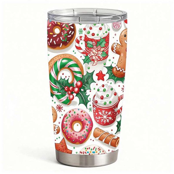 Christmas Sweets Tumbler with Lid, Holiday Donuts & Cocoa Design, Insulated Stainless Steel Cup