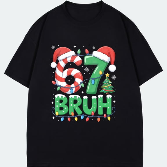 Christmas T Shirt Black 67 Bruh Candy Cane And Christmas Tree Design Holiday Party Wear
