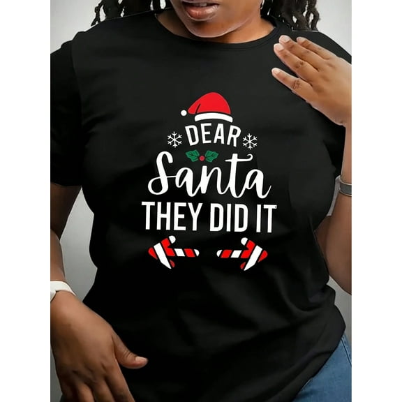 Christmas T-Shirt Black Dear Santa They Did It With Santa Hat, Snowflakes, Holly, And Candy Canes For Festive Season,220g