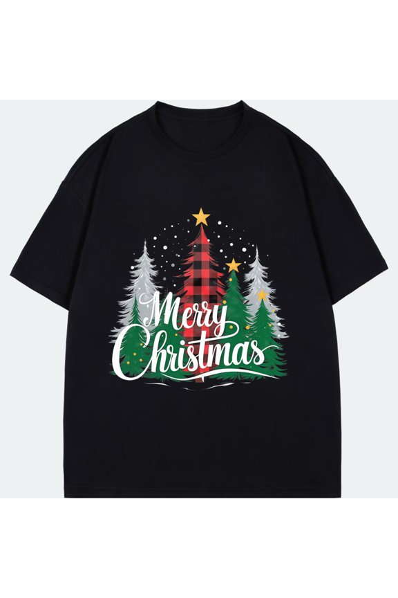 Christmas T Shirt Black Merry Christmas Tree And Stars Print For Holiday Party
