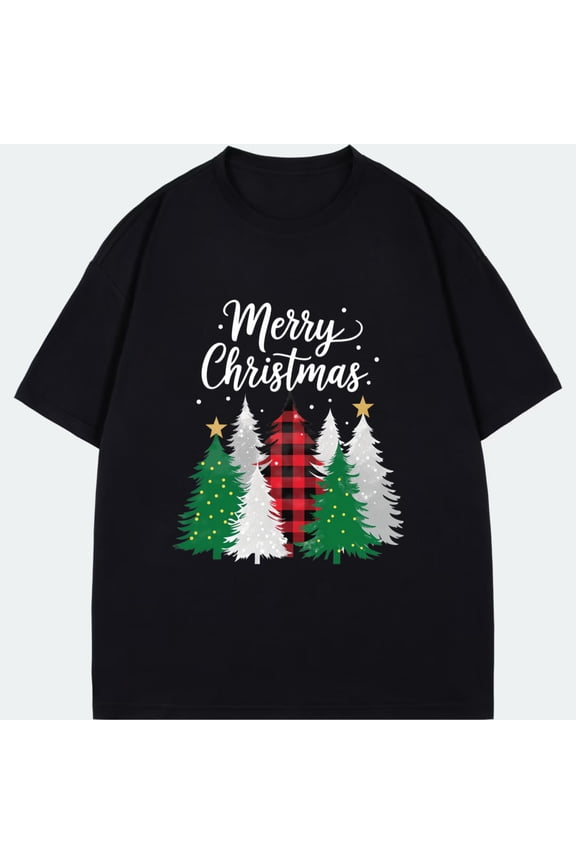 Christmas T Shirt Black Merry Christmas Trees And Plaid Pattern Holiday Party Wear