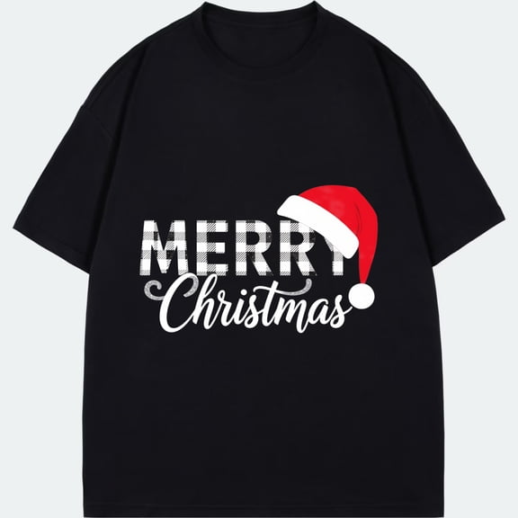 Christmas T Shirt Black Merry Christmas With Santa Hat Print Holiday Party Wear