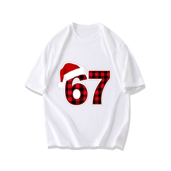 Christmas T Shirt Black Number 67 Plaid Pattern With Santa Hat Holiday Party Wear