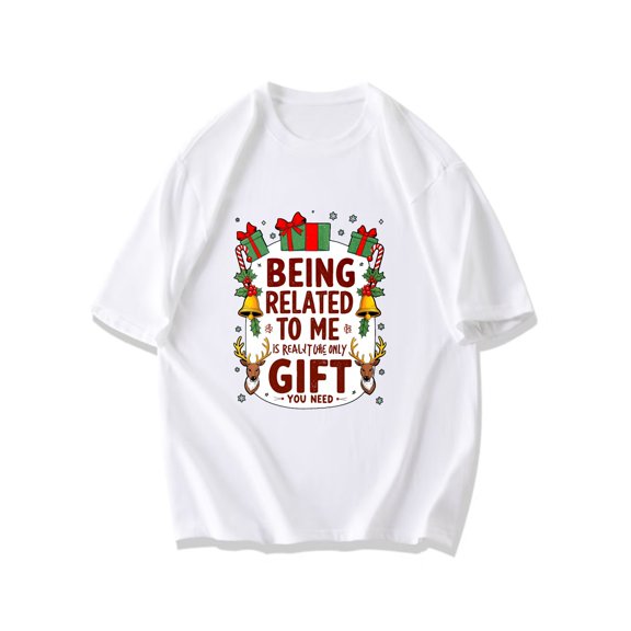 Christmas T Shirt Black Being Related To Me Is Really The Only Gift You Need Holiday Design With Reindeer Bells And Presents For Family Gatherings And Festive Events