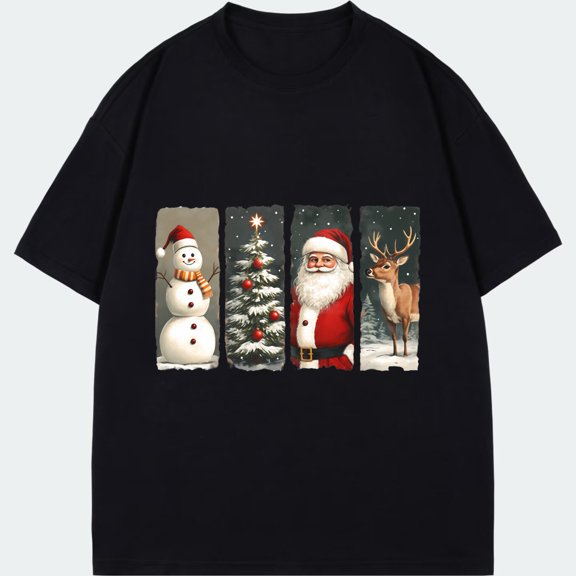 Christmas T Shirt Black Snowman Christmas Tree Santa Claus Reindeer Print For Holiday Party And Festive Occasions