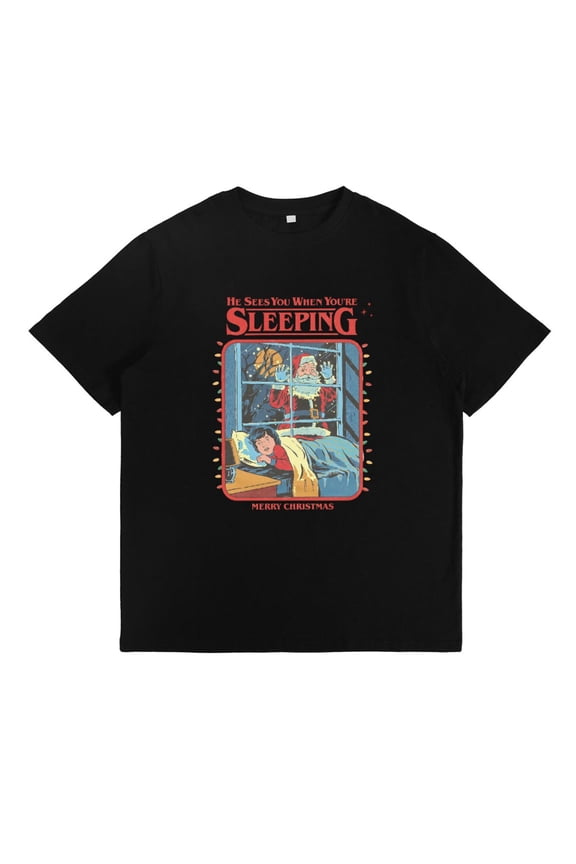 Christmas T Shirt He Sees You When Youre Sleeping Santa Graphic Tee Short Sleeve Round Neck Black S-5XL