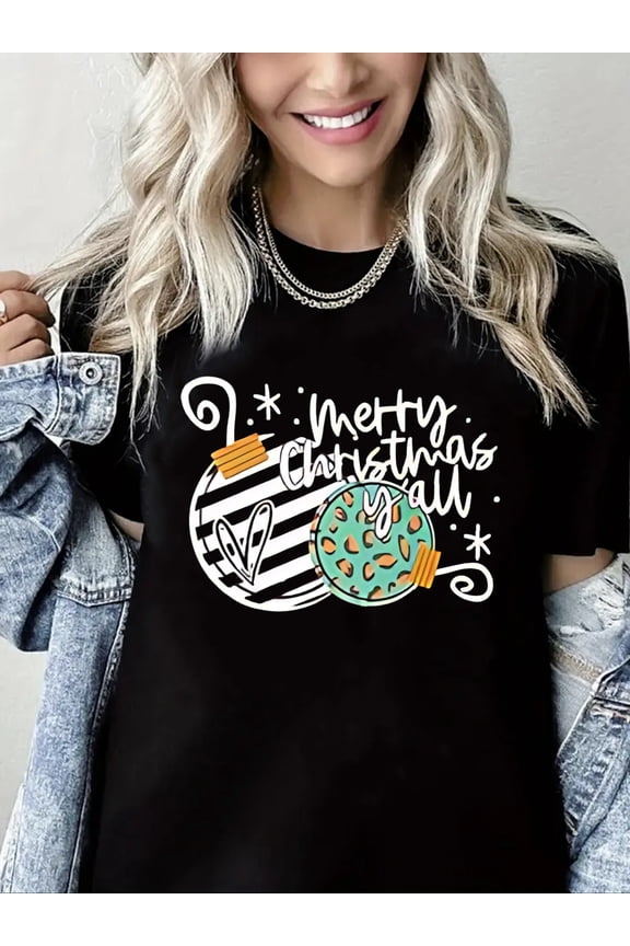 Christmas T-Shirt Merry Christmas Y'all Graphic Casual Short Sleeve Shirt for Women