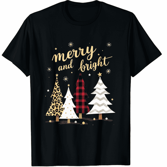 Christmas T Shirt Merry and Bright Shirt Xmas Leopard Print Tree T-Shirt Holiday Graphic Tee Tops for Men and Women