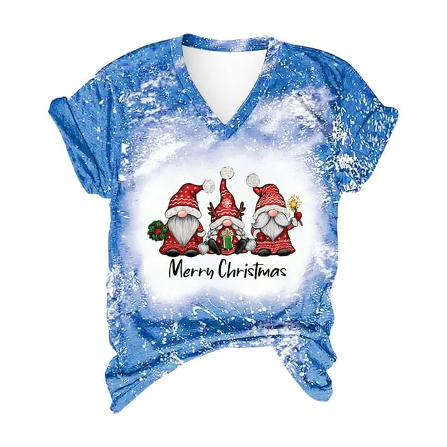 Christmas T Shirt Women Gnome Printed V Neck Short Sleeve Shirt Tees
