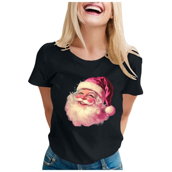 Christmas T Shirt for Women Xmas Satan Claus Print Short Sleeve Crew Neck Basic Tees Funny Gifts Holiday Casual Blouses