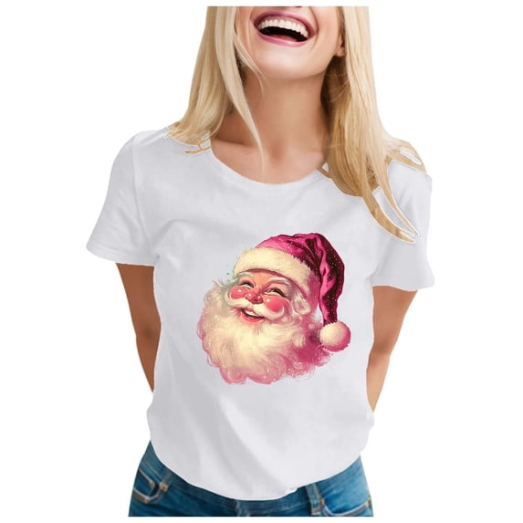 Christmas T Shirt for Women Xmas Satan Claus Print Short Sleeve Crew Neck Basic Tees Funny Gifts Holiday Casual Blouses