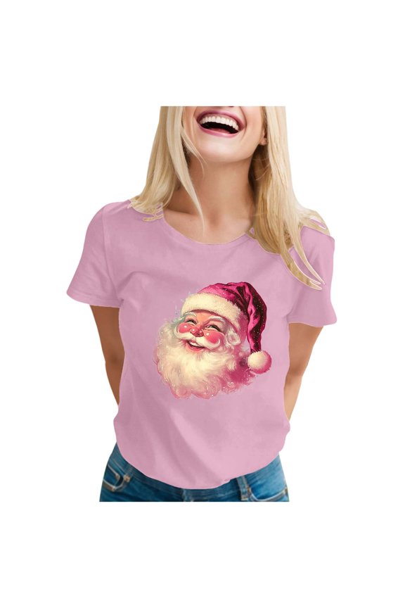 Christmas T Shirt for Women Xmas Satan Claus Print Short Sleeve Crew Neck Basic Tees Funny Gifts Holiday Casual Blouses