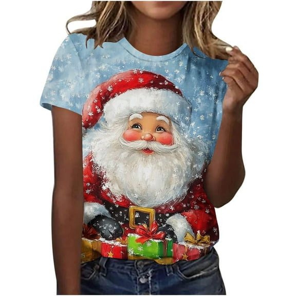 Christmas T Shirt for Women Xmas Tree Graphic Short Sleeve Casual Holiday Tops Summer Crewneck Blouse