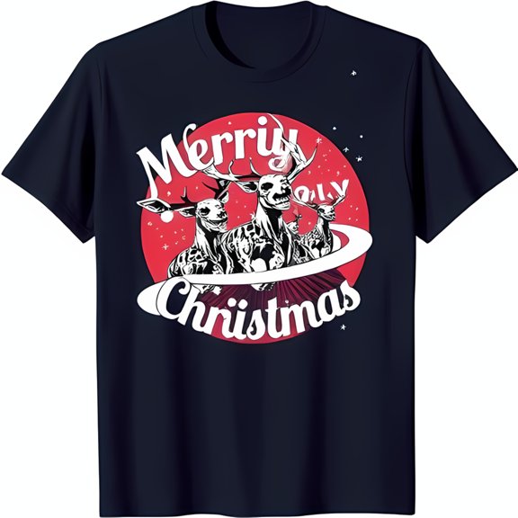 Christmas T-Shirt with Red Circle and Three Unsettling Deer Design
