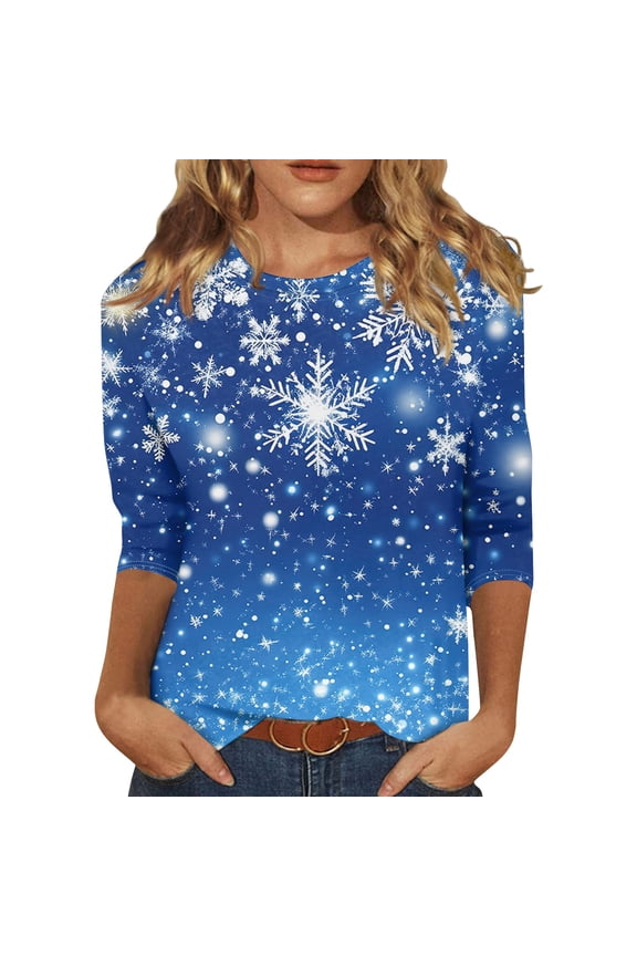Christmas T Shirts - Crewneck 3/4 Sleeve Christmas Snowflake Women Tops 00H Blue