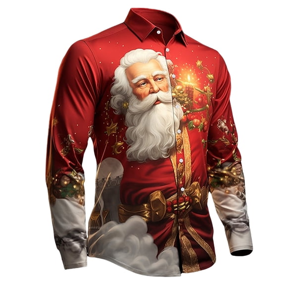 Christmas T-Shirts for Men Long Sleeve Funny Santa Graphic Button Down Shirts Collared Casual Fall Winter Family Xmas Gift Men T Shirts Watermelon Red L