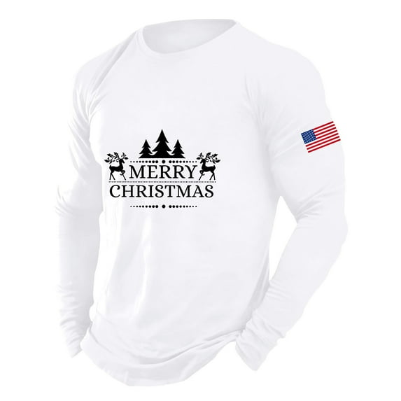 Christmas T-Shirts for Men Long Sleeve Letter Flag Christmas Tree Graphic Pajamas Tee Crew Neck Casual Soft Relaxed Family Xmas Gift Mens Shirts White XL