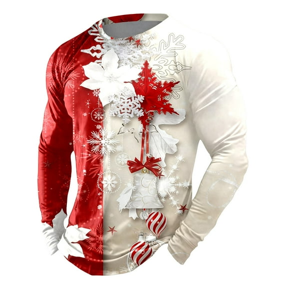 Christmas T-Shirts for Men Long Sleeve Plaid Christmas Tree Graphic Pajamas Tee Crew Neck Casual Fall Winter Holiday Family Xmas Gift Mens Shirts White XXXXL