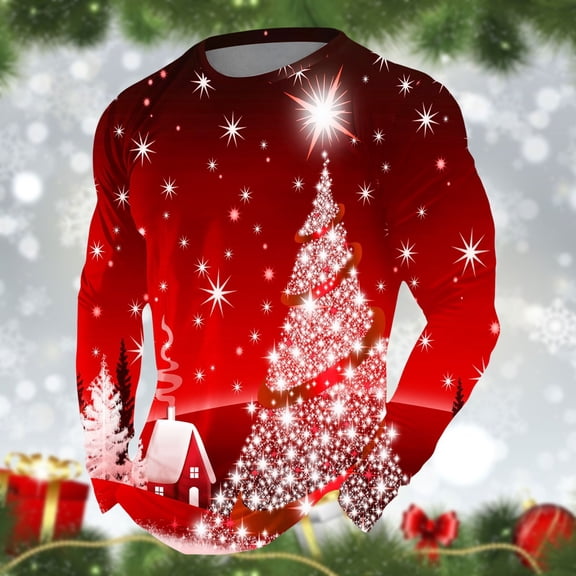 Christmas T-Shirts for Men Long Sleeve Star Christmas Tree Graphic Pajamas Tee Crew Neck Slim Fit Casual Fall Winter Family Xmas Gift Mens Shirts ZA Red XXXL