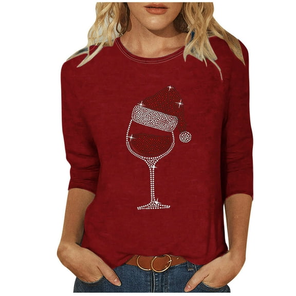 Christmas T-Shirts Womens Gnomes Wine Glass Print 3/4 Sleeve Graphic Tee Round Neck Plus Size 3-5X Holiday Tops (S, Wine)