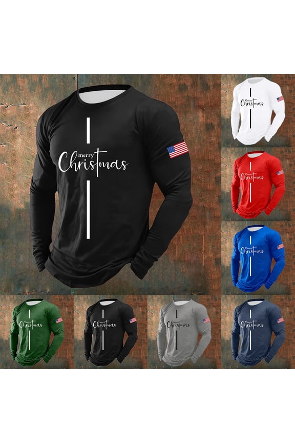 Christmas T-Shirts for Men Long Sleeve Flag Letter Print Pajamas Tee Crew Neck Casual Slim Fit Family Xmas Gift Men T Shirts Black L