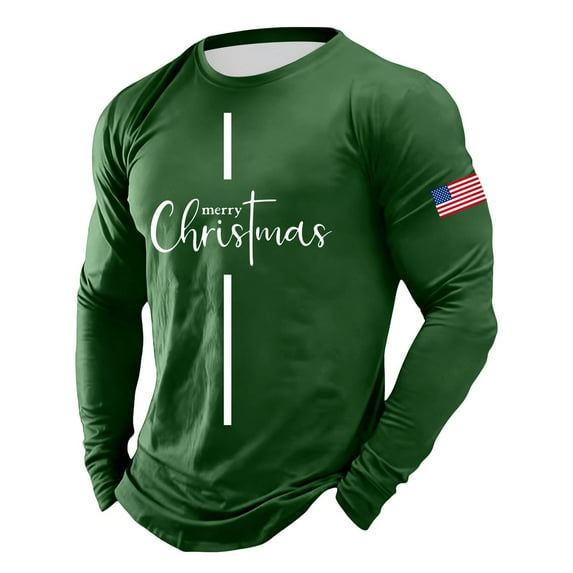 Christmas T-Shirts for Men Long Sleeve Flag Letter Print Pajamas Tee Crew Neck Casual Slim Fit Family Xmas Gift Men T Shirts Dark Green XXXXL